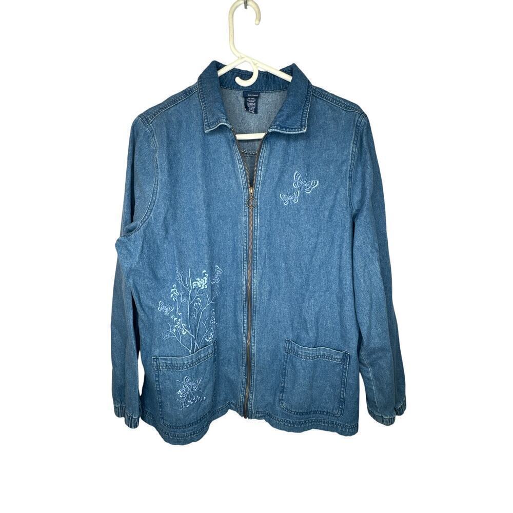 Vintage Basic Editions Denim Full Zip Shift Dress Embroidered Flowers Sz Large